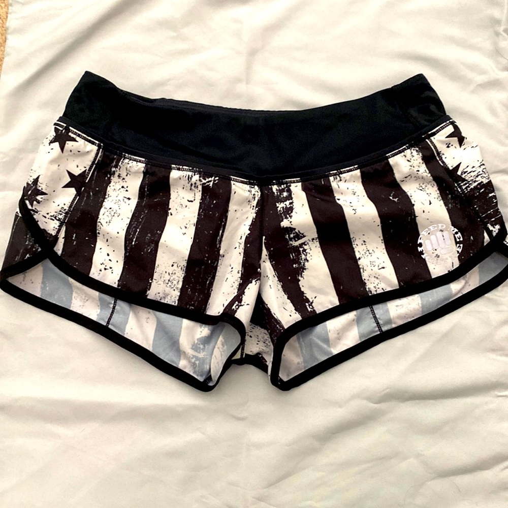 Black and white American Flag shorts.